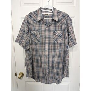 Mens Short Sleeve Plaid Western Snap Shirt Ely Cattleman Size XXL Gray Blue Red